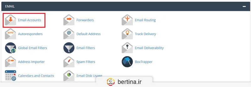 برای ساخت ایمیل اکانت در کنترلپنل Cpanel، وارد صفحه اصلی کنترلپنل خود شوید و در قسمت Mail روی Email Accounts کلیک کنید.